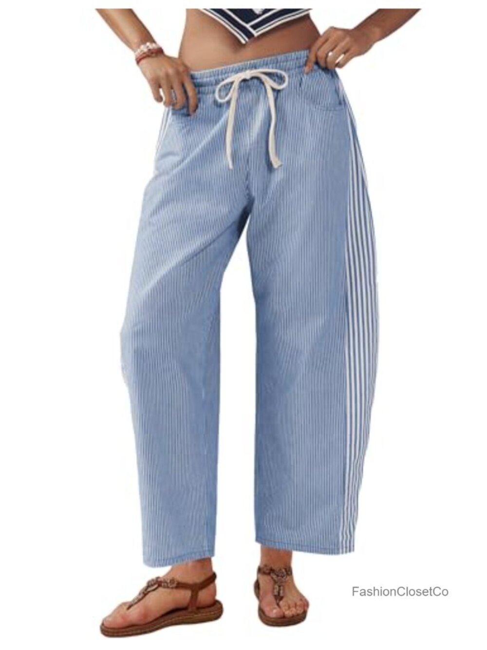 Wide Leg Barrel Denim Jeans Pin Striped Drawstring Elastic Waist Ankle Crop
